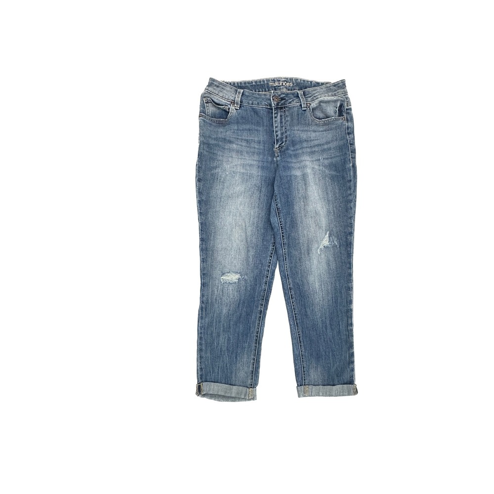 Maurices Boyfriend Jeans Size 3/4 Distressed Cuffed Medium Dark Wash 21310